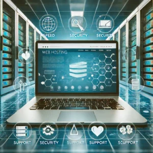  A laptop displaying a website on the screen, surrounded by icons representing web hosting aspects like speed, security, support, and scalability, with a server room background.