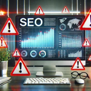 A computer screen displaying an SEO dashboard with graphs and analytics, surrounded by warning signs like exclamation marks and red crosses, indicating common SEO mistakes.