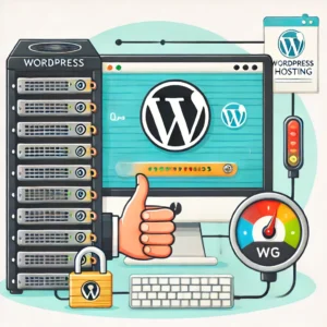 A friendly illustration of a WordPress hosting environment with a server rack, a computer displaying the WordPress logo, a padlock for security, a speedometer for performance, and a thumbs-up for ease of use.