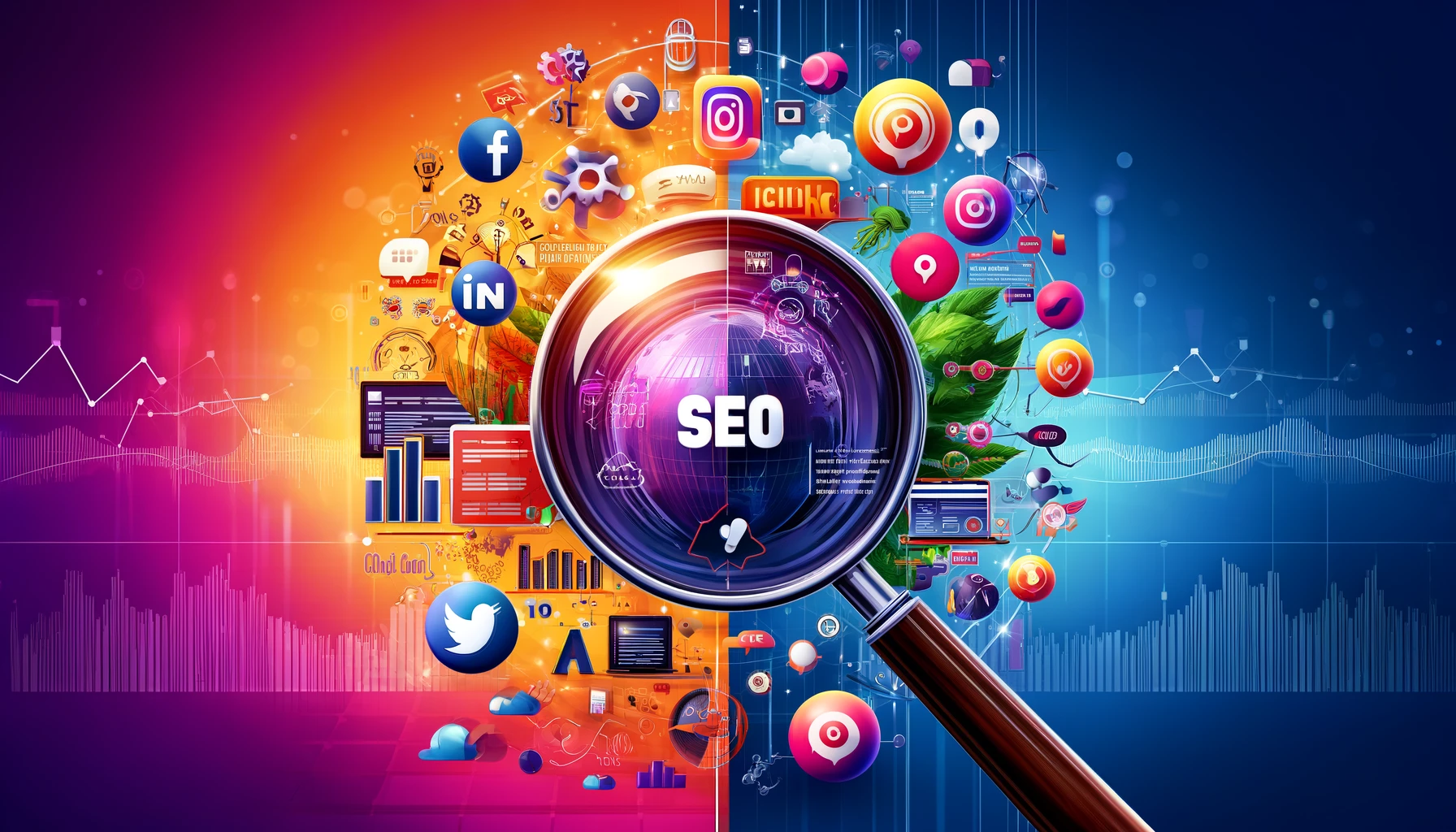Split-screen illustration showing social media on one side with icons of Facebook, Instagram, Twitter, and LinkedIn, and SEO on the other side with a magnifying glass over a webpage featuring keywords, charts, and graphs.
