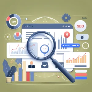 An illustration of a dashboard displaying key performance indicators and metrics for SEO success, featuring graphs, charts, and a magnifying glass highlighting important data.