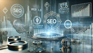 Futuristic digital scene showcasing Web 3.0 SEO tools with holographic interfaces, blockchain symbols, and digital analytics data