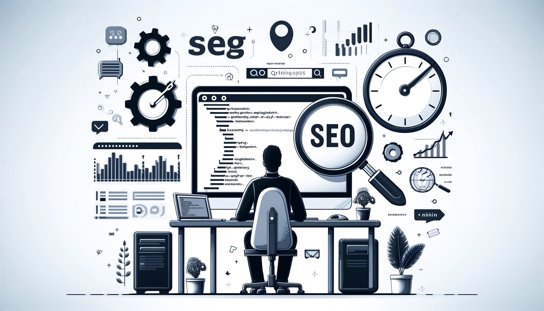 A modern web development scene showing a developer working on a computer with a website displaying code, analytics charts, and search engine ranking metrics. Surrounding the developer are SEO-related icons such as a magnifying glass, keywords, graphs, and gear symbols. A clock in the background shows 10 minutes