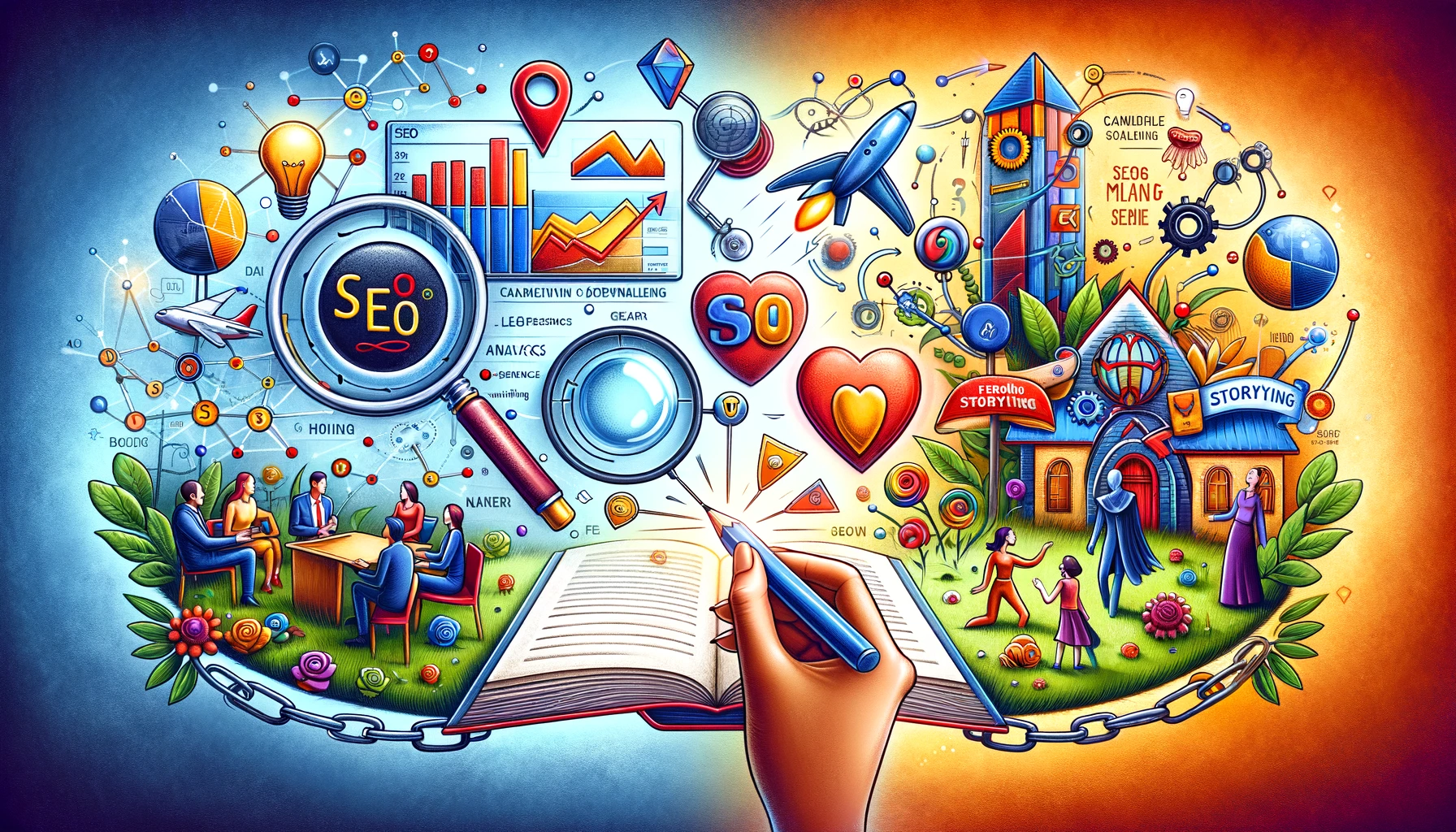An illustration showing the combination of SEO elements like keywords, analytics charts, search rankings, and a magnifying glass on one side, with captivating storytelling elements like an open book, a narrator, vibrant scenes, and characters on the other side. In the center, connecting lines and symbols such as a chain link and a heart symbolize unbreakable brand connections