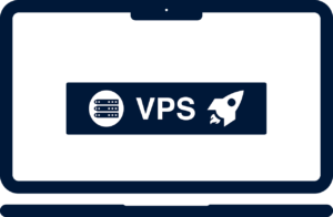 A graphic of a laptop displaying the letters 'VPS' in large font, flanked by a server rack icon on the left and a rocket icon on the right, symbolizing fast and reliable virtual private server hosting.