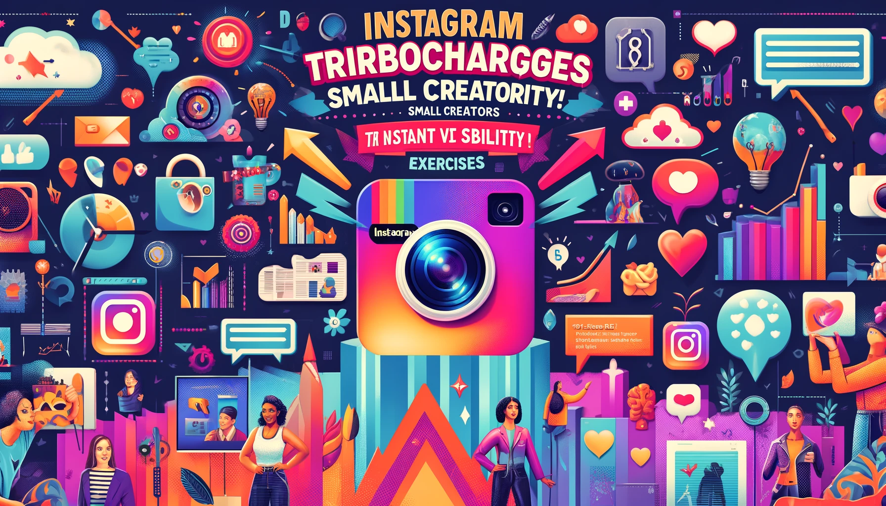 A vibrant, colorful illustration showcasing various elements related to Instagram and content creation. Central to the image is a large, stylized Instagram camera with icons and elements like clouds, hearts, light bulbs, and various digital and creative tools floating around. There are also animated figures of diverse people engaged with these elements, representing small content creators