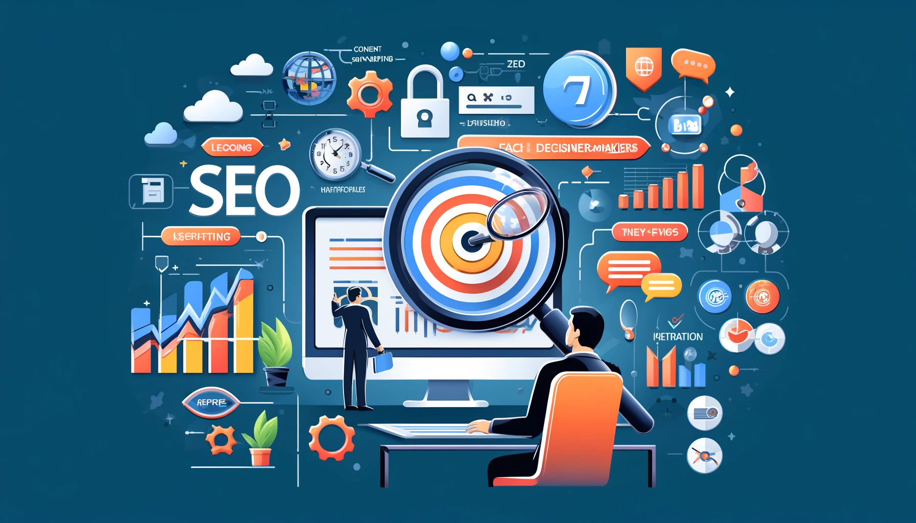 An illustration showing a business professional analyzing SEO data on a computer, with graphs depicting lead generation, keywords, and search rankings. Symbols include a target, a magnifying glass over a B2B website, and a flowchart of the decision-making process. Surrounding icons represent strategies like content marketing, social media, email marketing, and analytics tools.