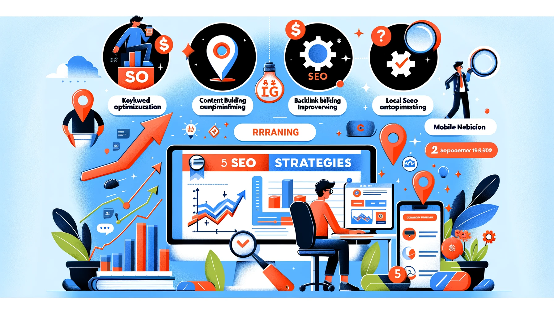 An illustration of a small business owner analyzing SEO data on a computer with graphs showing improvement in rankings, traffic, and keywords. Icons represent five strategies: keyword optimization, content creation, backlink building, local SEO, and mobile optimization. Surrounding elements include symbols like an upward arrow, a magnifying glass, and a competitor's website