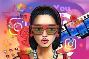 Instagram logo next to cartoon content creator