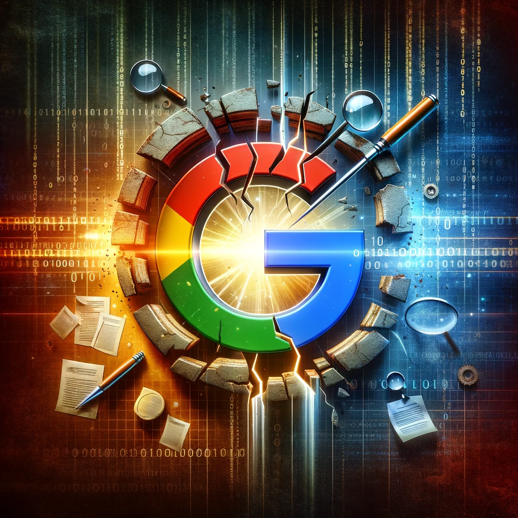 Artistic representation of a broken Google logo surrounded by digital elements like binary code and documents, symbolizing a data leak