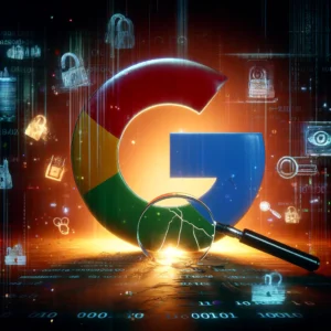 Artistic representation of a broken Google logo surrounded by digital elements like binary code and documents, symbolizing a data leak.