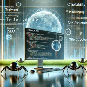 A high-tech office scene with a futuristic computer screen showing technical SEO metrics, code, graphs, and charts. Robotic spiders, symbolizing search engine bots, crawl over web pages in the background. The image is in blue and green hues