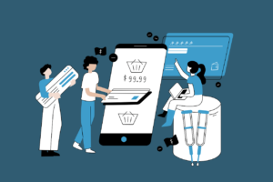 Illustration showing people managing online transactions with a focus on where a website is hosted