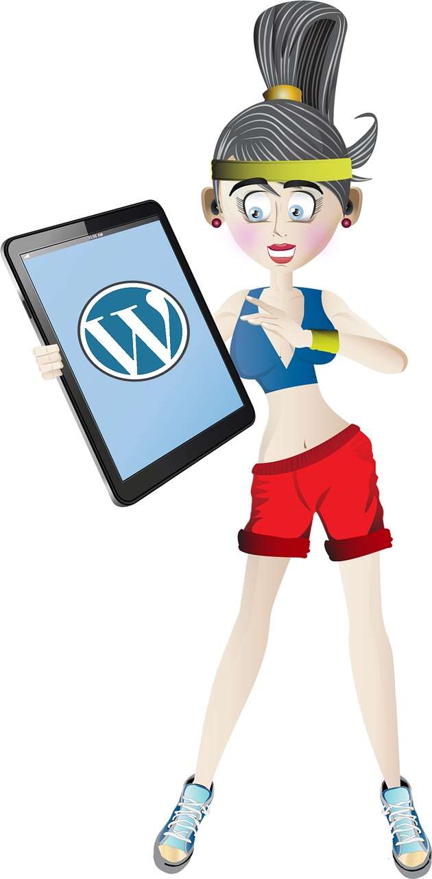 Cartoon woman holding a tablet with WordPress hosting logo