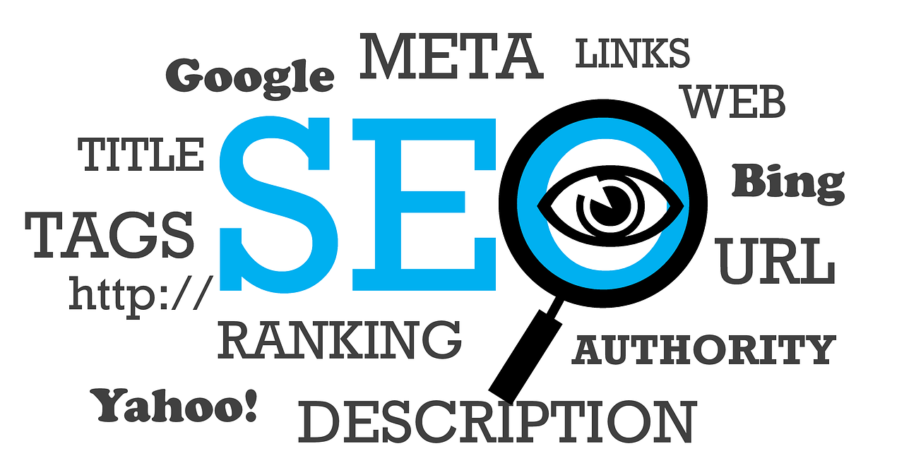 SEO title concept with related terms like tags, meta, links, and ranking in a word cloud design