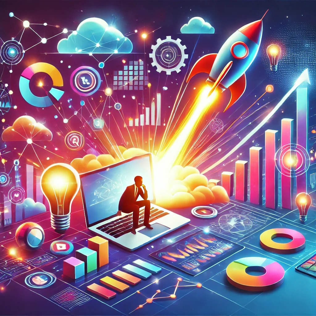 Illustration of a person starting a business with digital tools and a rocket symbolizing growth