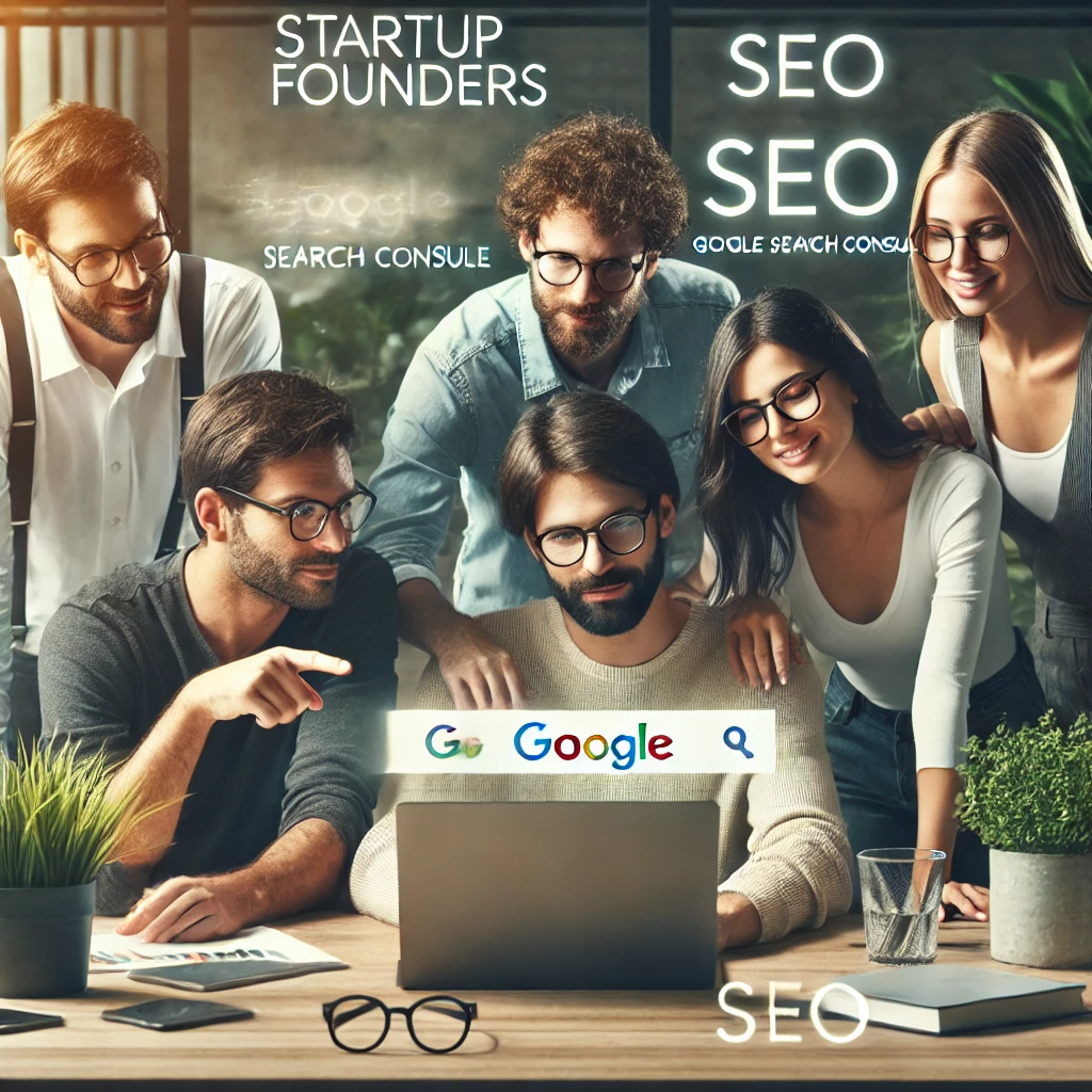 Startup founders collaborating on Google Search Console in a modern office, analyzing SEO issues for improvement