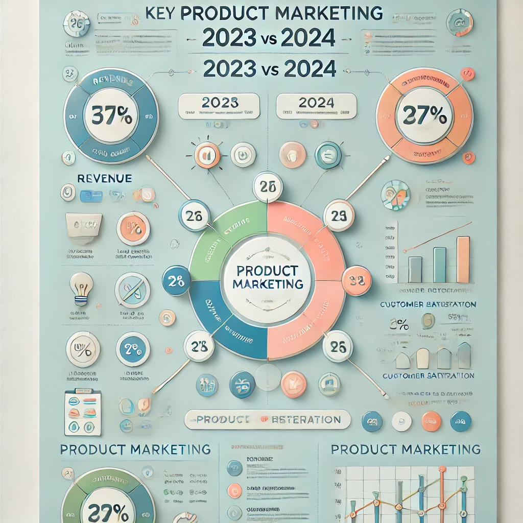 Bright infographic showing a 2023 vs 2024 comparison of key product marketing metrics, with pastel colors and icons for metrics like revenue, lead generation, customer retention, and customer satisfaction