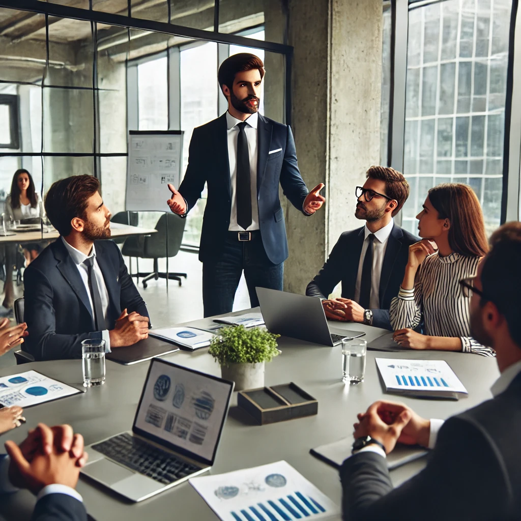 Leadership in action: a dynamic leader addressing a team in a modern startup office