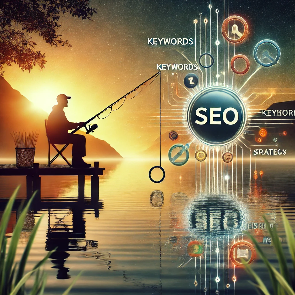 Creative digital artwork illustrating SEO as a fishing metaphor, showing a fisherman connecting a rod to digital elements like keywords and search engine icons at a serene lakeside