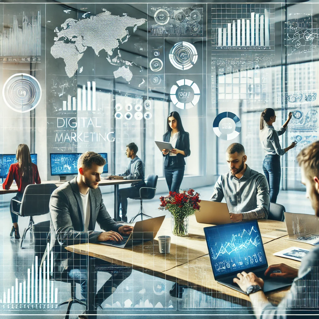 A startup team collaborating on SEO strategies to drive traffic, with graphs and analytics displayed on a screen in a modern office setting