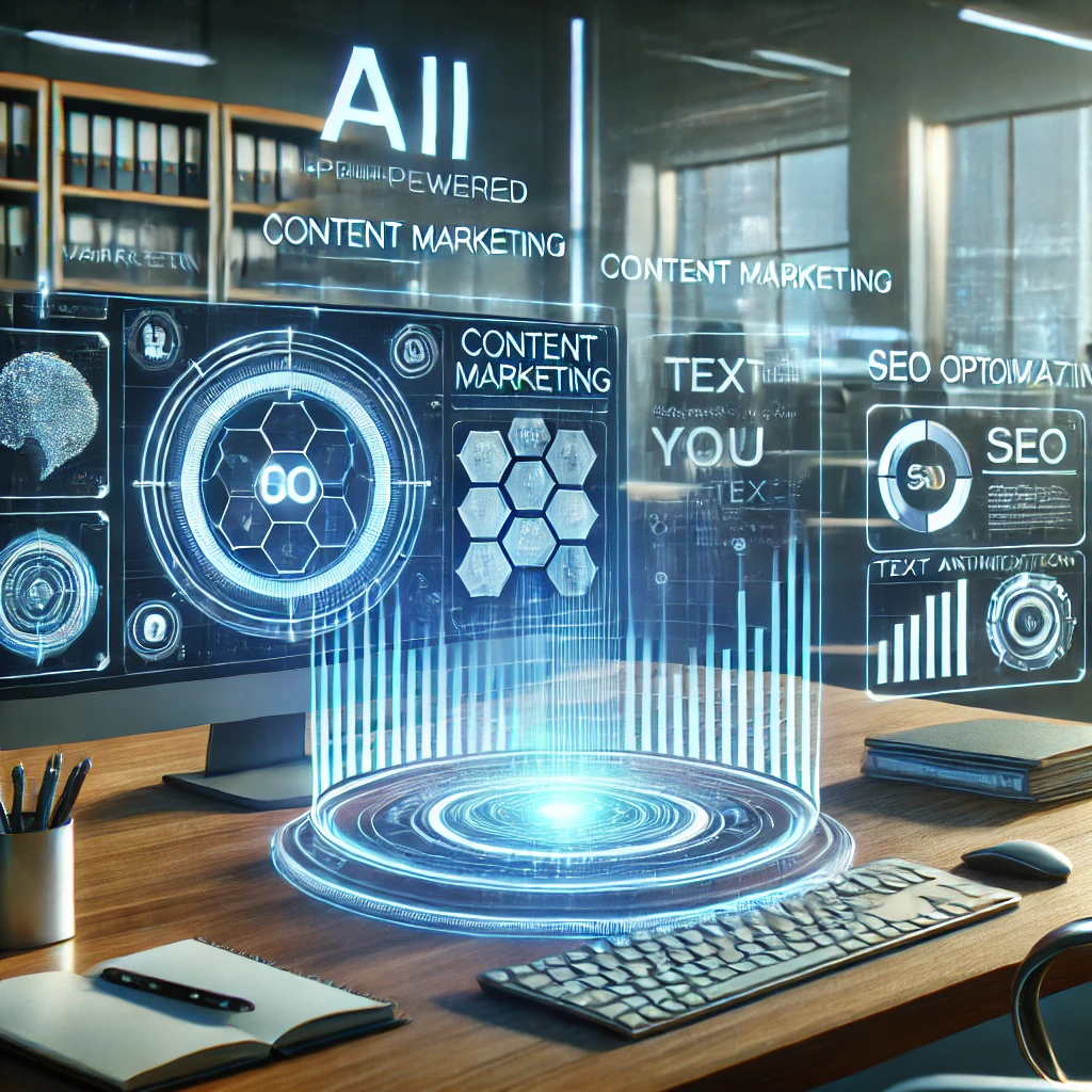 A futuristic digital workspace showcasing AI automating content marketing tasks, with holographic screens displaying graphs, text analysis, and SEO optimization tools in a modern office setting