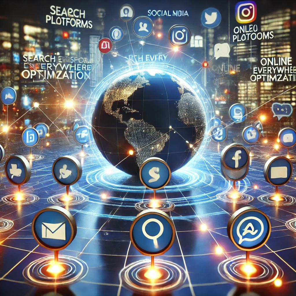 Digital illustration of interconnected platforms symbolizing Search Everywhere Optimization.