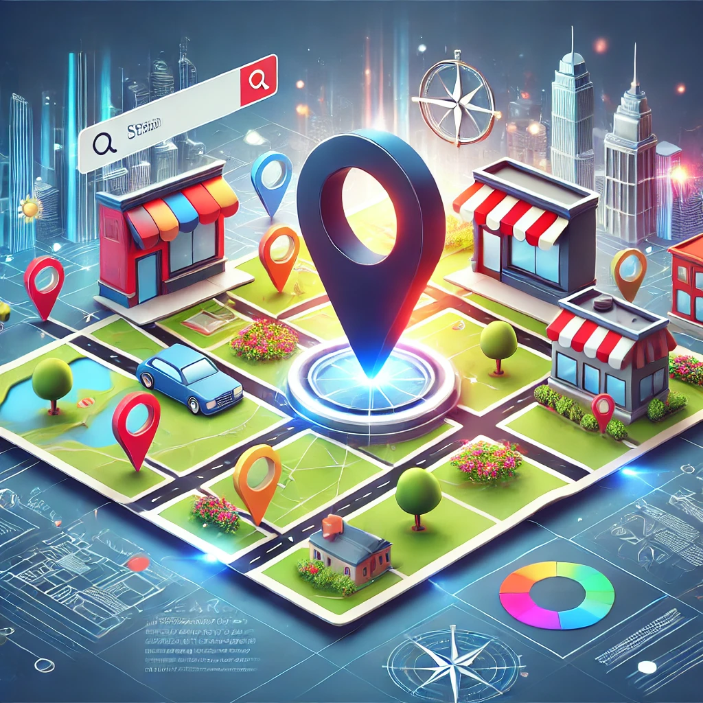 A colorful and professional illustration showcasing Local SEO optimization, featuring a digital map with a location pin, search engine interface, and business icons like a storefront and coffee shop.