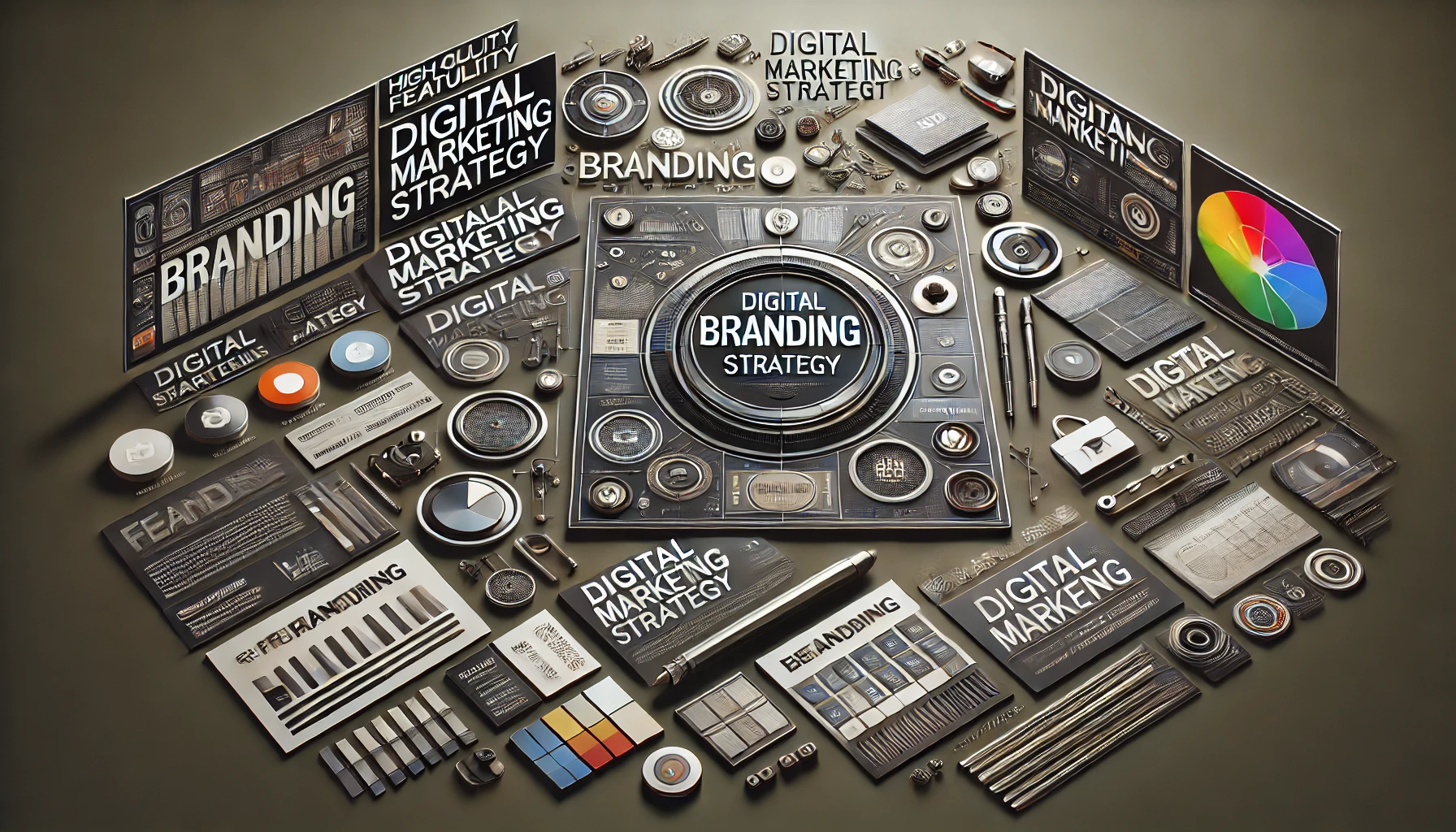 A high-quality branding feature image showcasing essential brand elements such as a logo, color palette, typography, and social media strategy