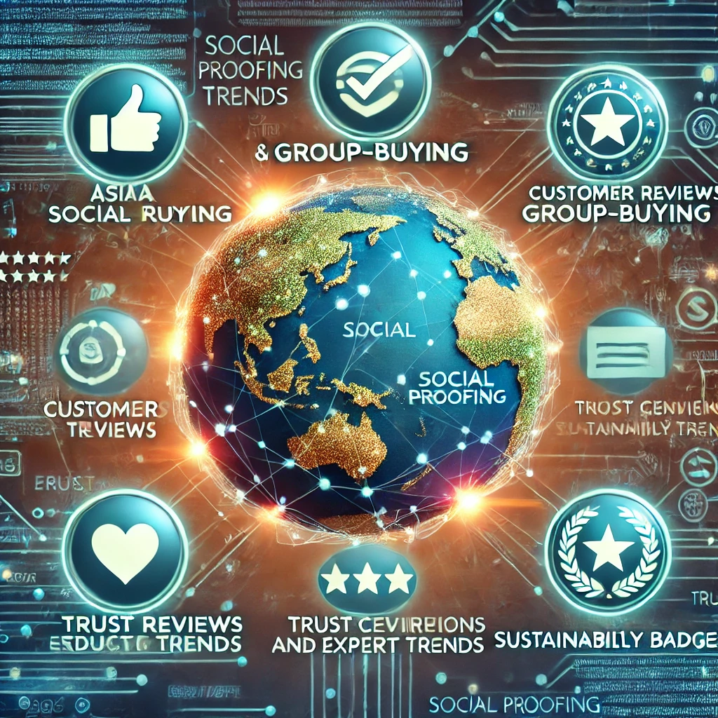 llustration of social proofing across cultures, featuring interconnected globes representing Asia, the US, and Europe, each highlighting distinct consumer trust signals.