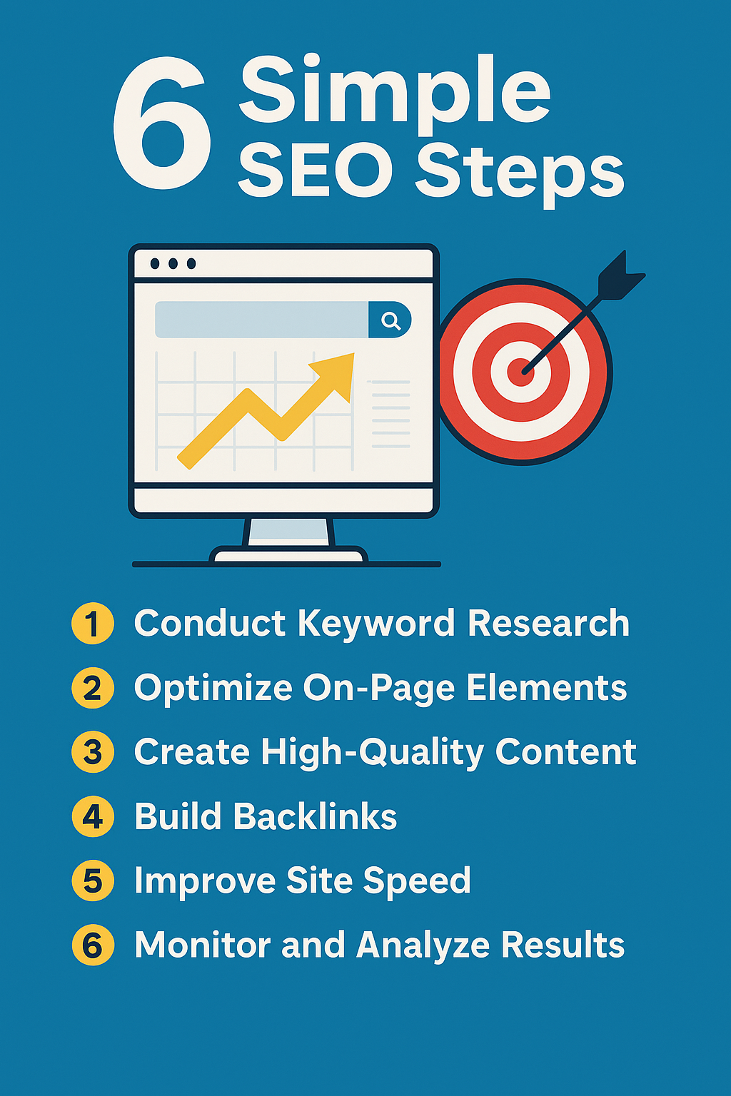 Infographic showing 6 simple SEO steps including keyword research, on-page optimization, content creation, backlinks, site speed, and analytics