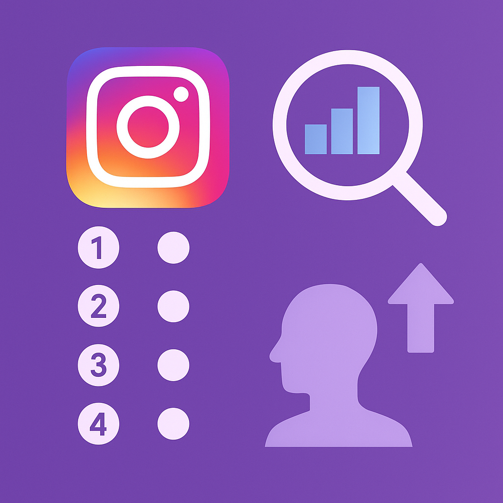 Instagram impressions illustrated through flat-style icons including a bar chart, user growth symbol, and Instagram logo on a purple background