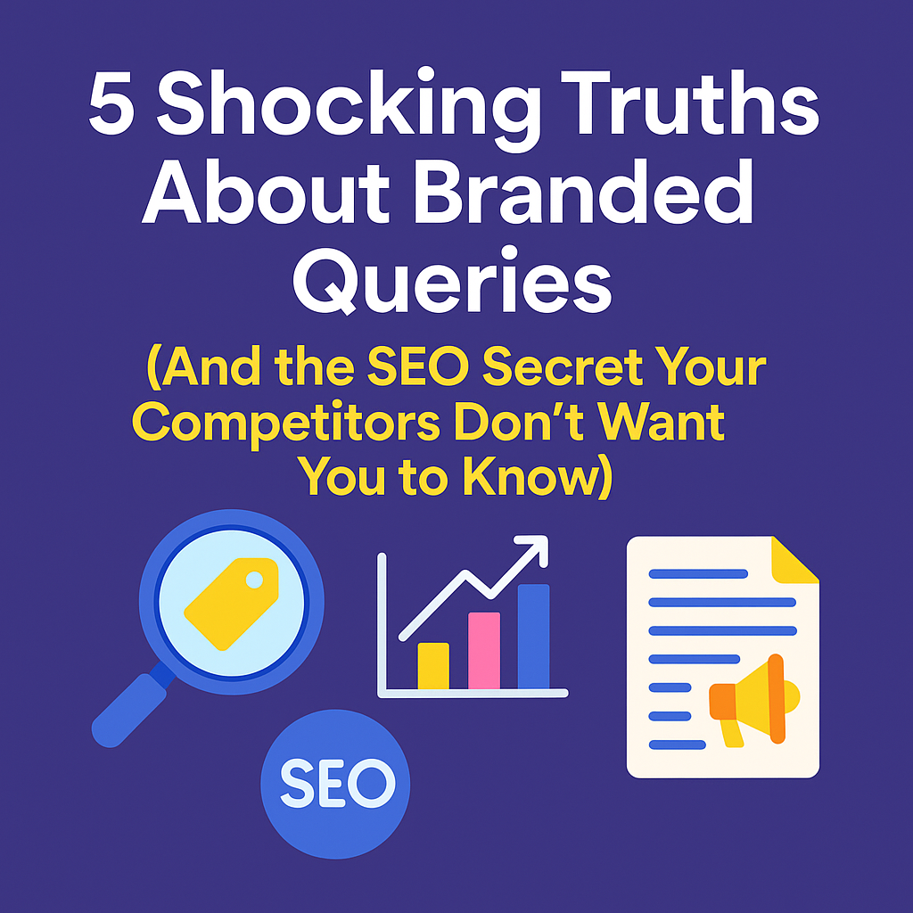 A digital graphic highlighting SEO insights with the headline "5 Shocking Truths About Branded Queries" and colourful icons representing search, analytics, and content strategy.