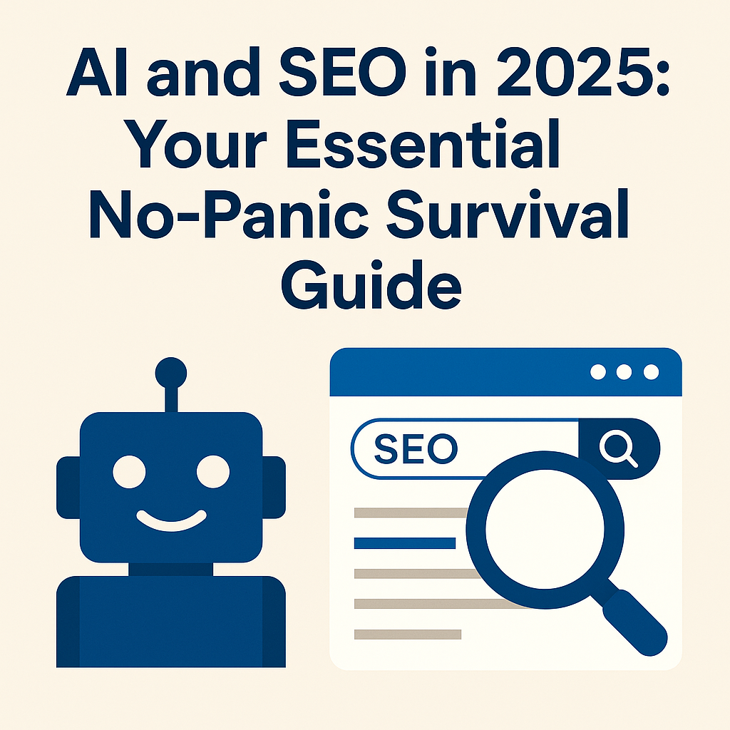 Illustration representing "AI and SEO in 2025", featuring a smiling robot and a search engine page with a magnifying glass