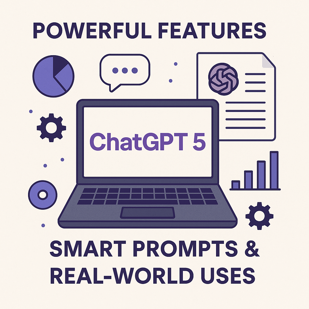 Laptop displaying “ChatGPT 5” surrounded by icons of charts, gears, and documents, illustrating AI features, smart prompts, and real-world applications.