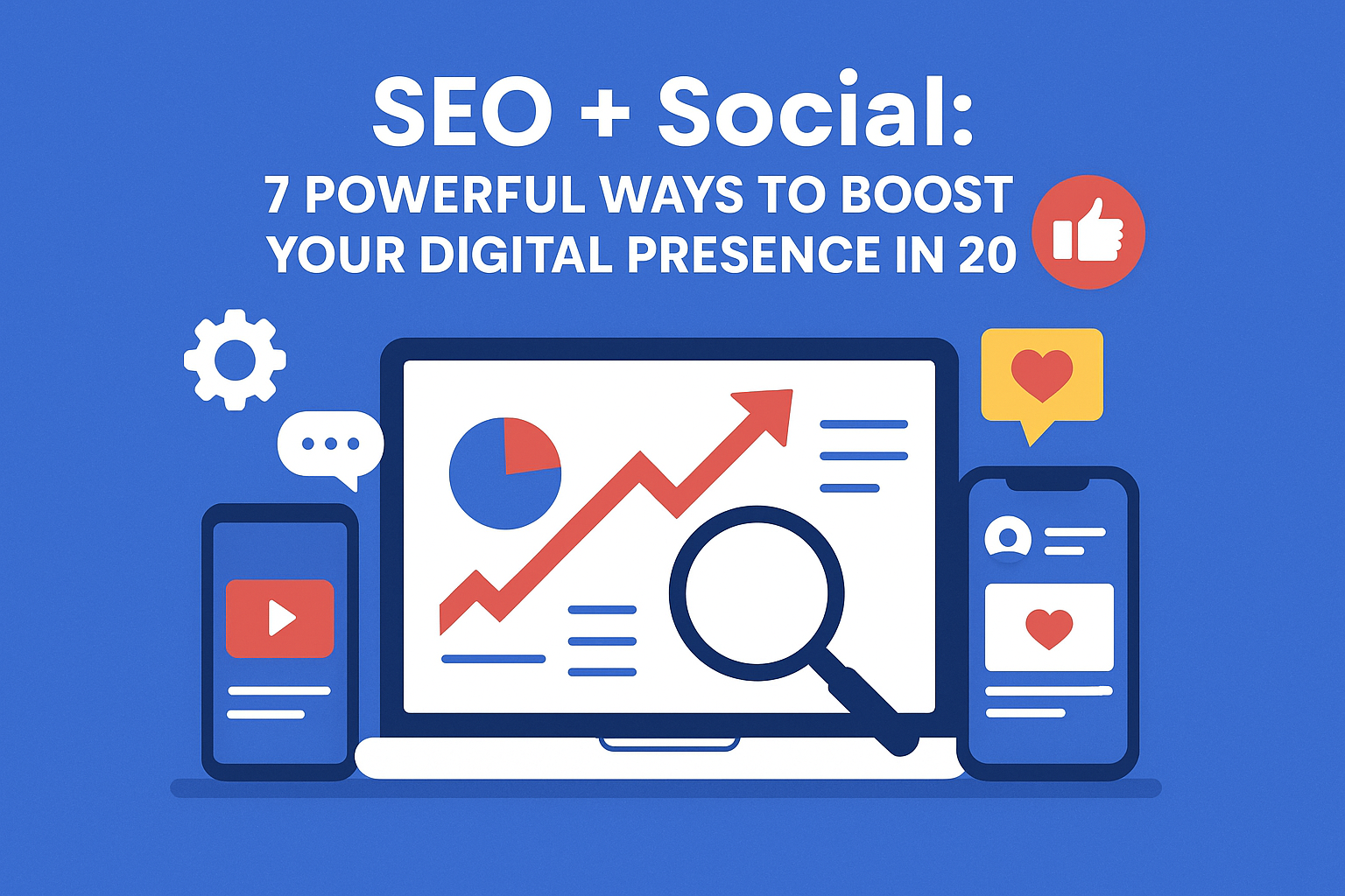 SEO and social media integration infographic showing 7 powerful ways to boost digital presence in 2025 with laptop, mobile devices, and analytics chart