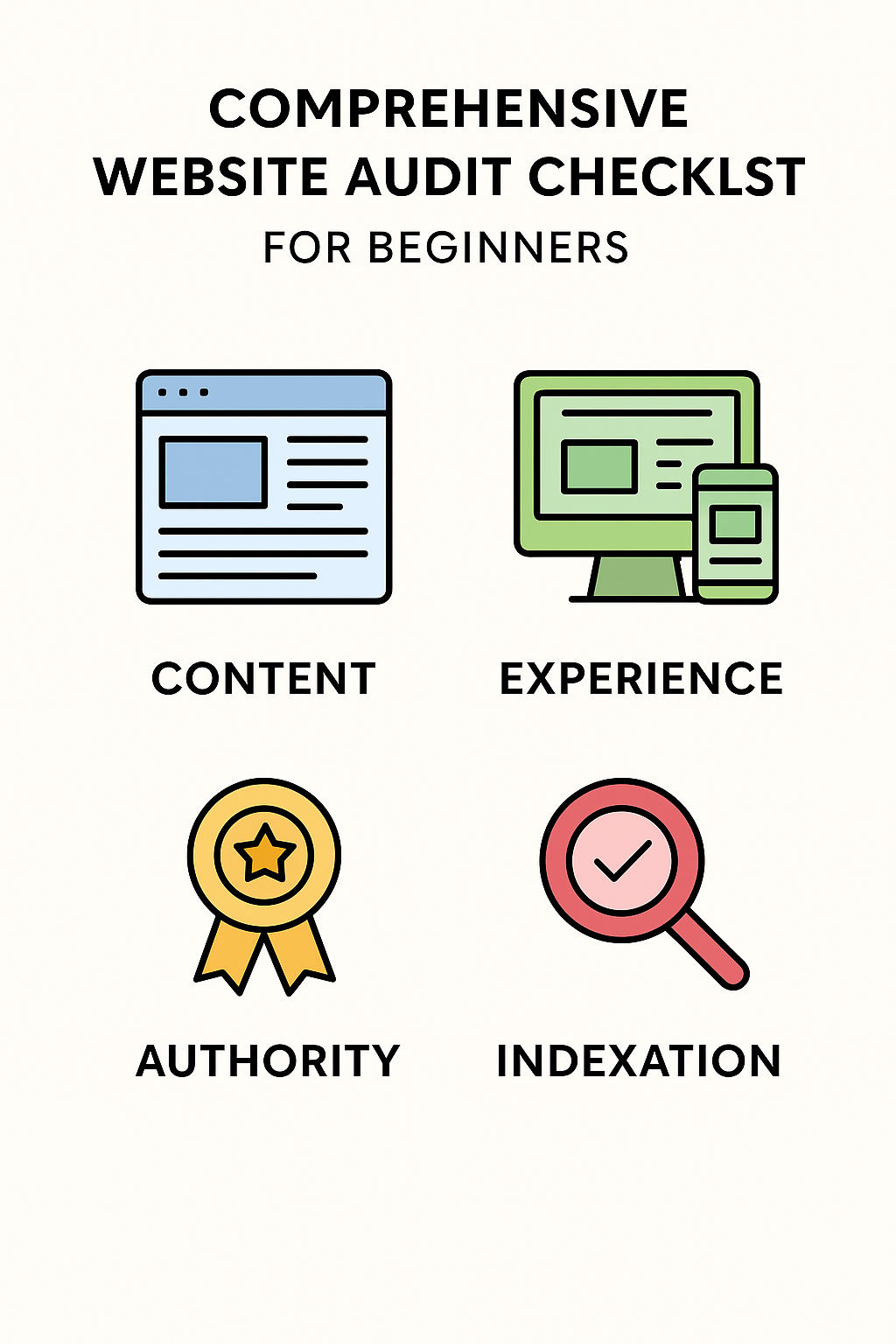 A simple website audit checklist showing four pillars: content, experience, authority, and indexation