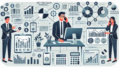 Illustration of a financial manager making decisions, reviewing financial reports on a computer and cell phone, with a pie chart, bar graph, and investment portfolios, set against a backdrop of interconnected financial icons