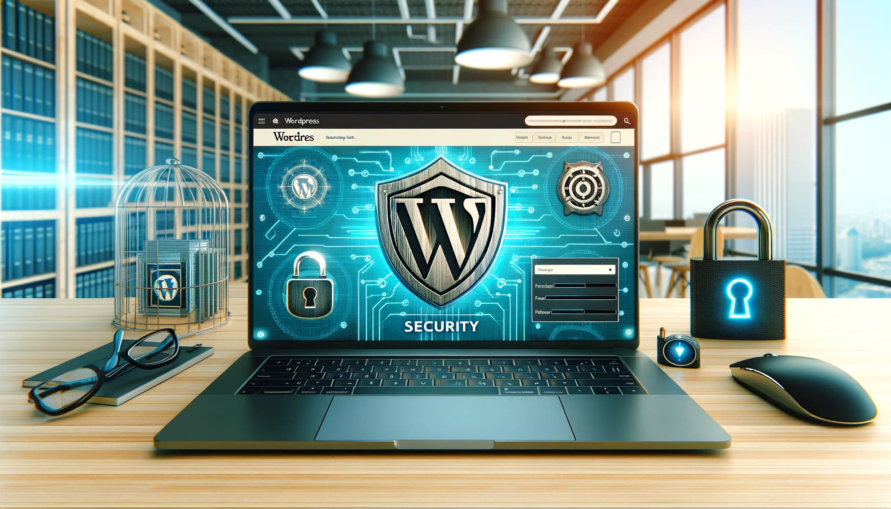 A laptop displaying the WordPress dashboard with a shield icon and lock symbol, indicating enhanced security. The background features a modern workspace with additional security elements such as padlocks, security cameras, and a firewall icon