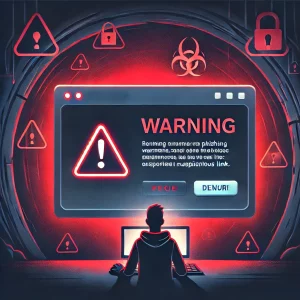 A computer screen showing a phishing warning, indicating the website is dangerous, with a person looking alarmed and red warning signs in the background