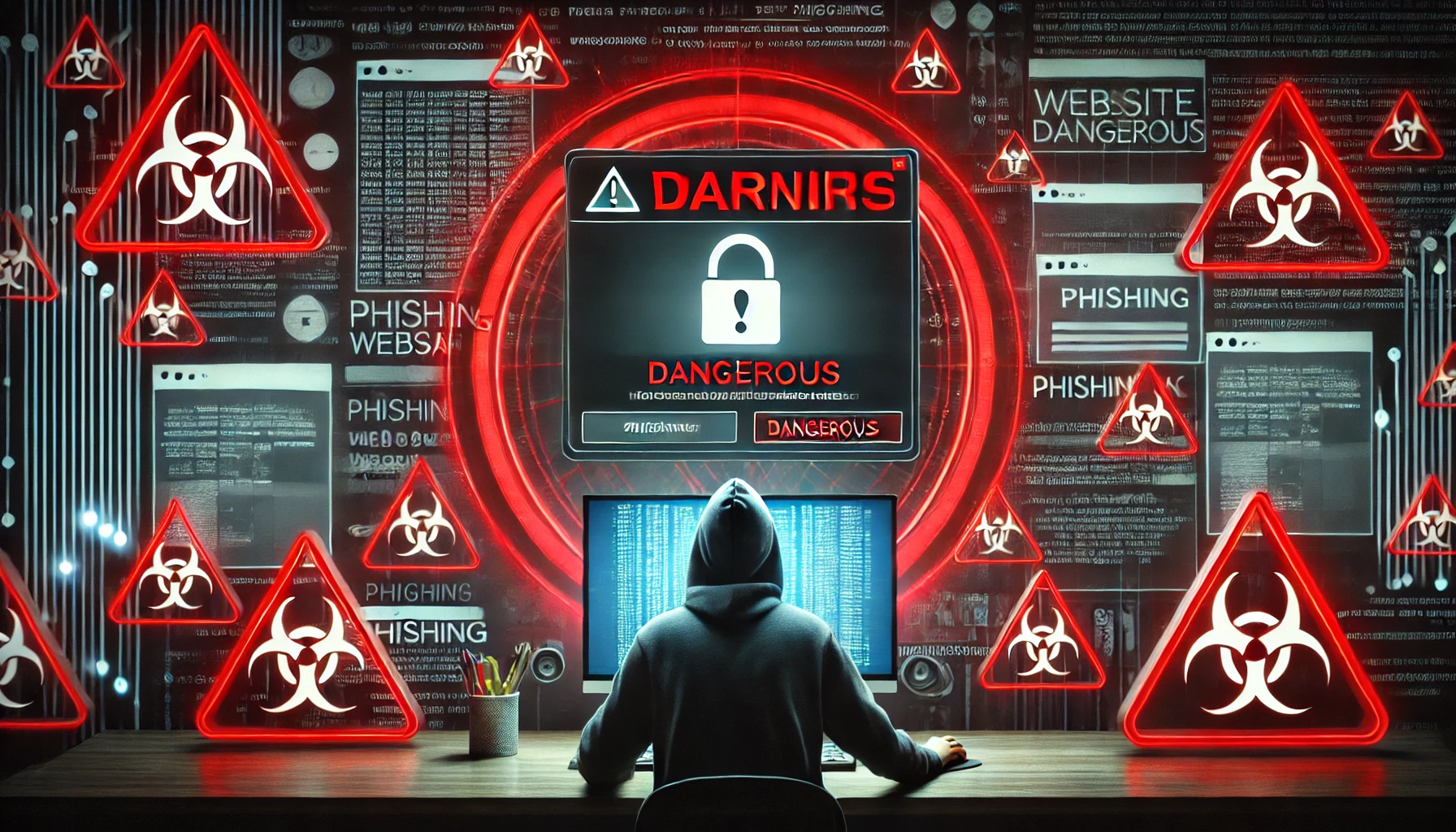 A computer screen showing a phishing warning, indicating the website is dangerous, with a person looking alarmed and red warning signs in the background.