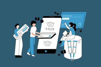 Illustration showing people managing online transactions with a focus on where a website is hosted